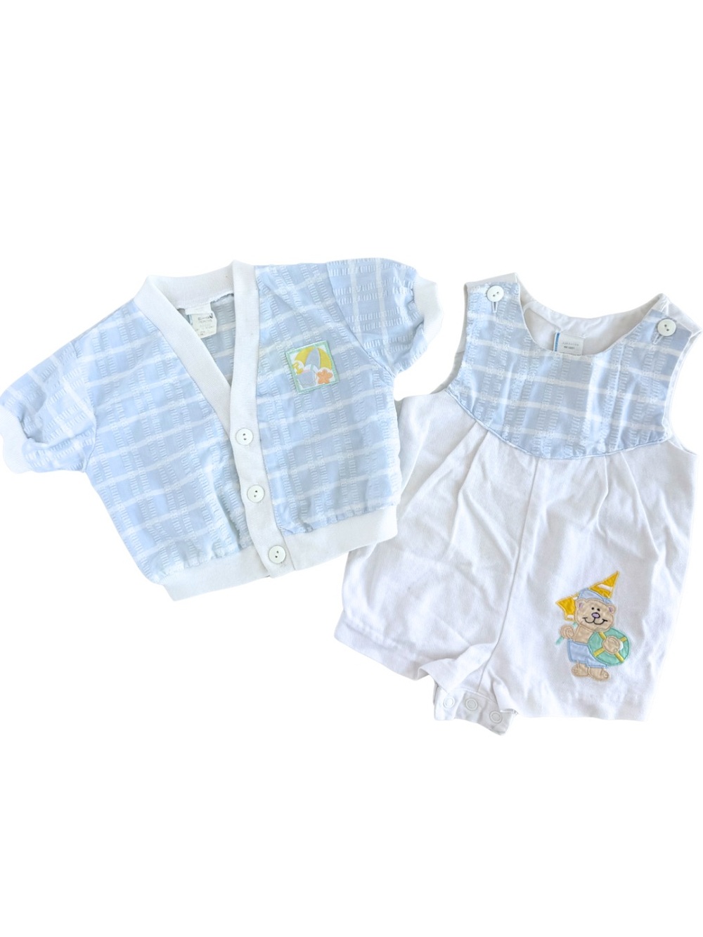 Vintage Baby Romper Set 6-9 Months Beach Teddy Bear Outfit Blue White 2pc